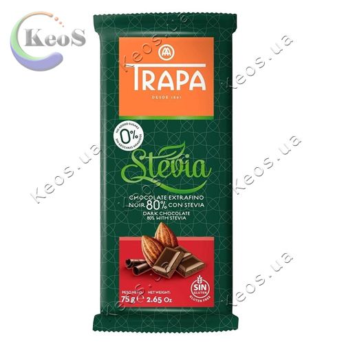 Шоколад чорний 80% без глютена та без цукру Stevia Trapa 75 г