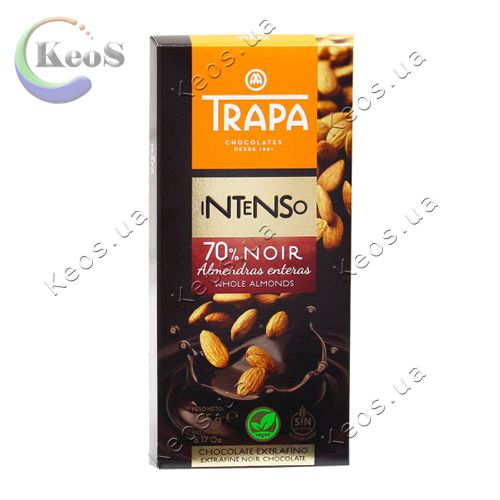 Шоколад чорний із цільним мигдалем Trapa Intenso Noir Whole Almonds 70% 175 г
