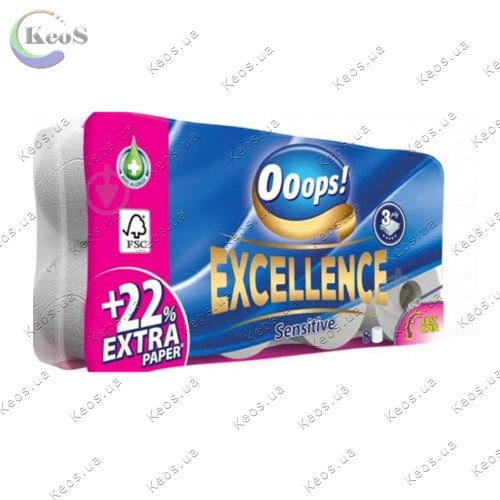Туалетний папір Ooops! Excellence Sensitive  3-ох шар. 8 шт. 150 відривів